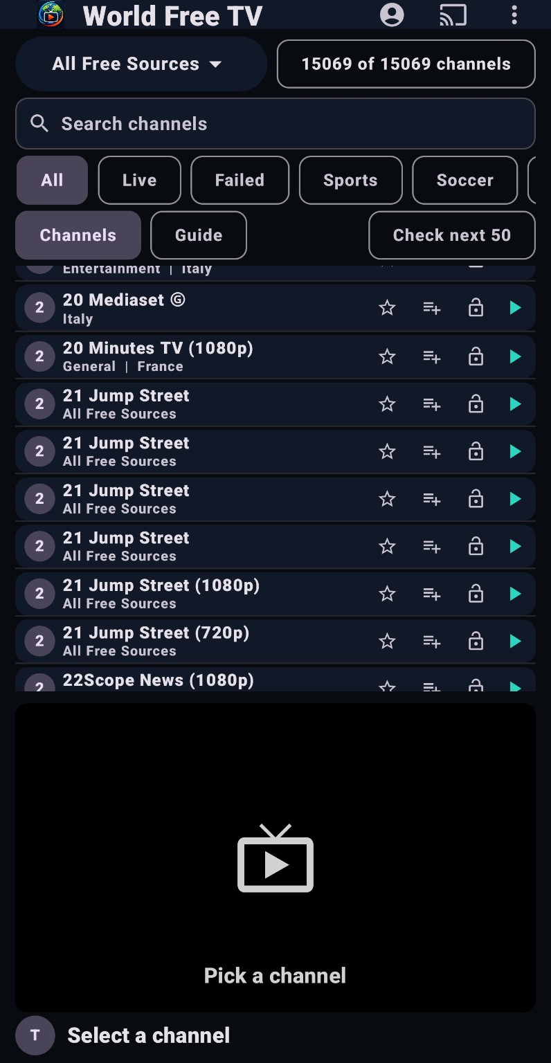 World Free TV app screen with source filters, channel list, and preview player